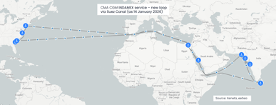 Major carrier CMA CGM has announced its INDAMEX service will transit Suez Canal on fronthaul and backhaul voyages in a notable step towards a largescale return of container ships to the Red Sea.